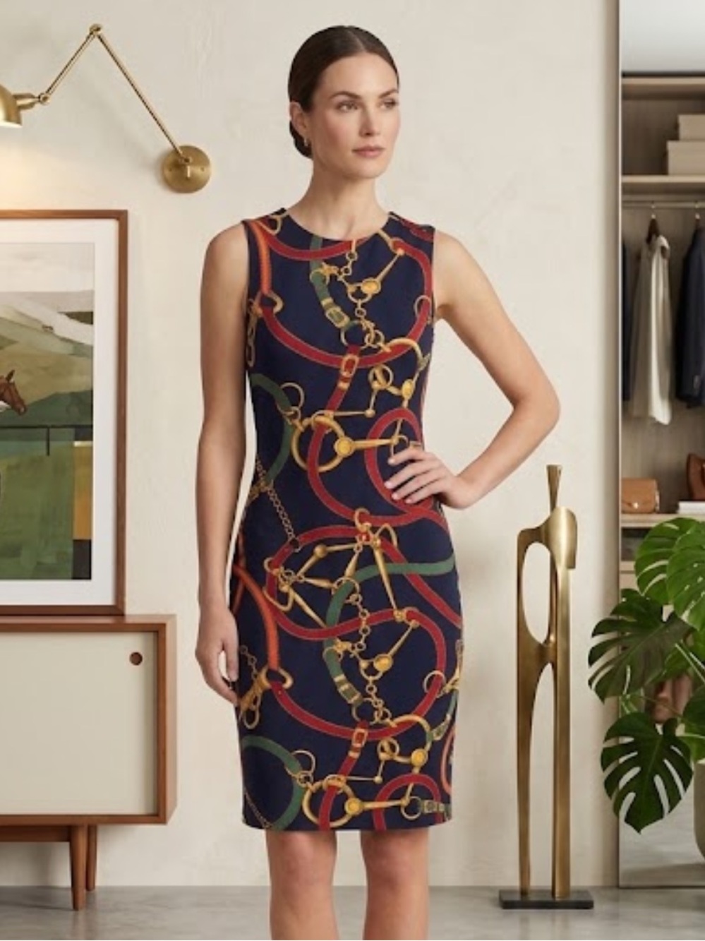 Lauren Ralph Lauren Equestrian Bit Chain Print Sleeveless Sheath Dress M